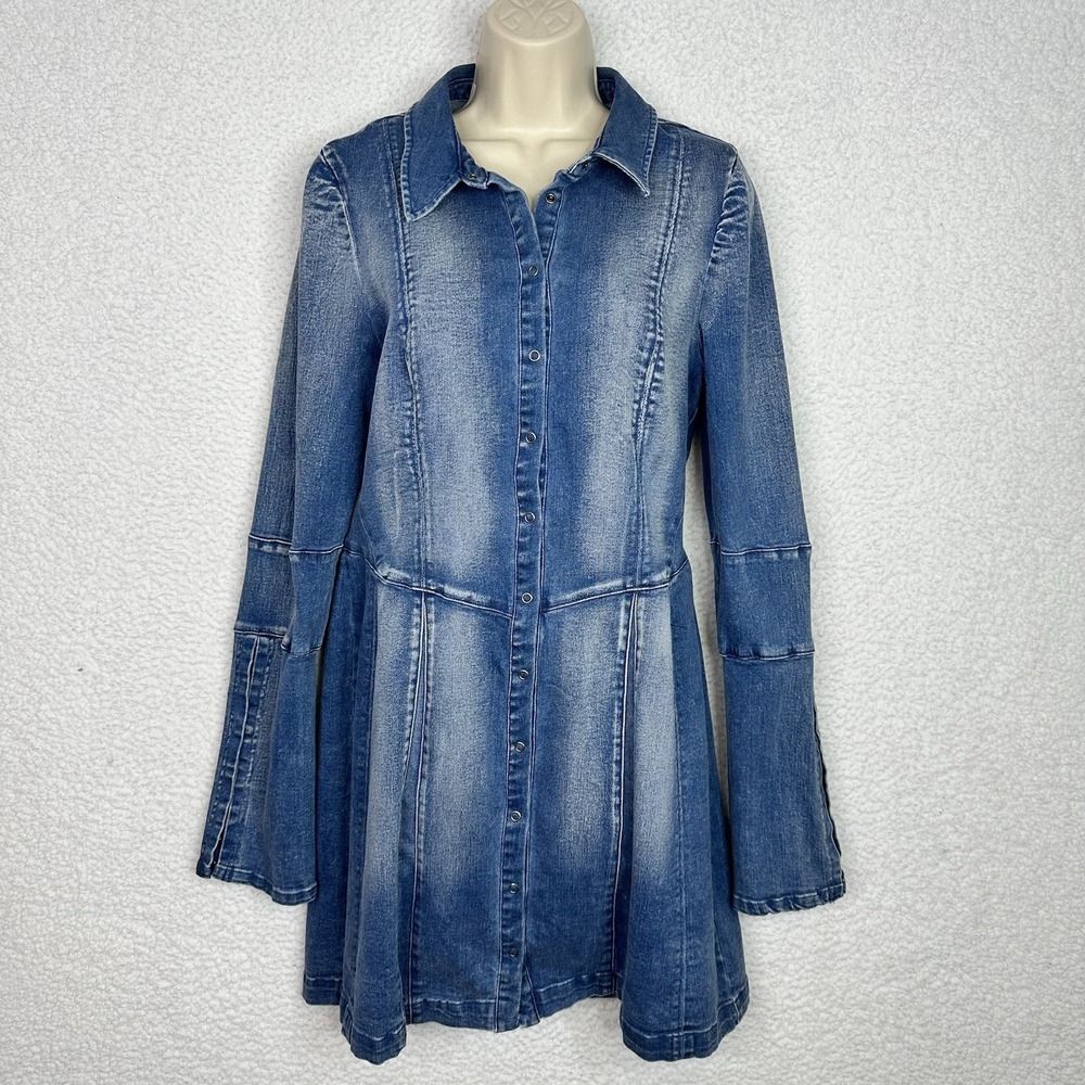 Free People Thea Denim Mini Dress Womens M Blue Snap Front A-Line Long Sleeve - Picture 2 of 14